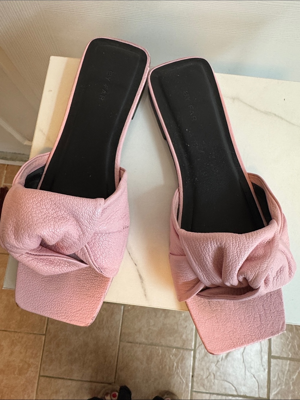 BY FAR Pink Knotted Square-Toe Slide Sandals